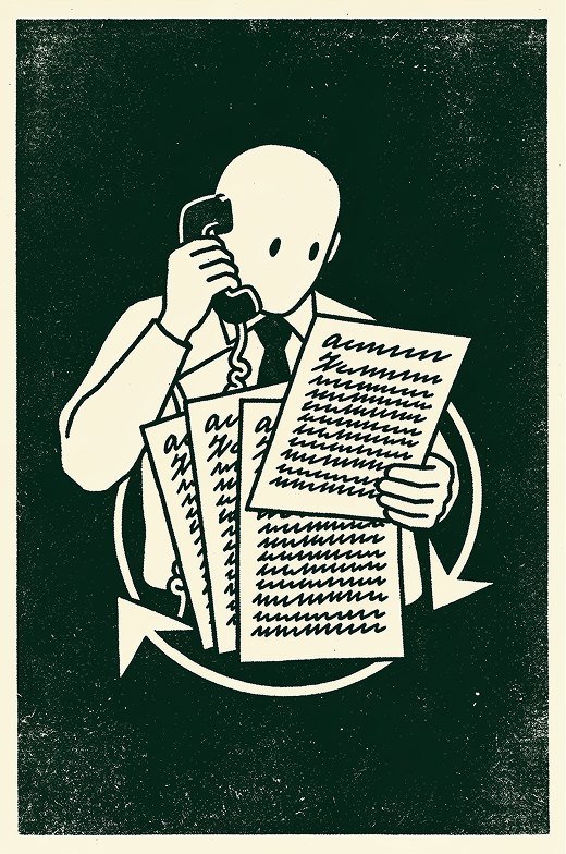 Woodcut print: a salesperson on the phone, buried in the same printed call list