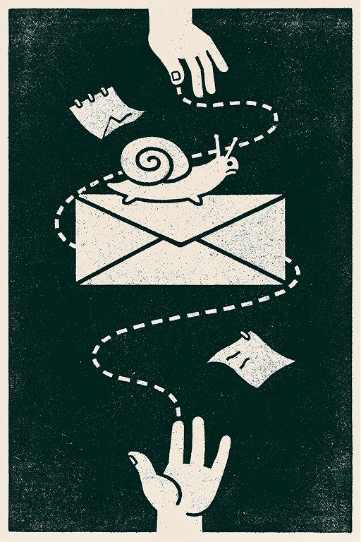 Woodcut print: a snail carrying an envelope along a winding path between two hands