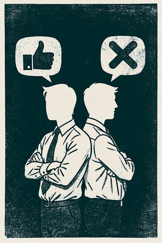 Woodcut print: two colleagues back to back, one approving and one rejecting the same thing