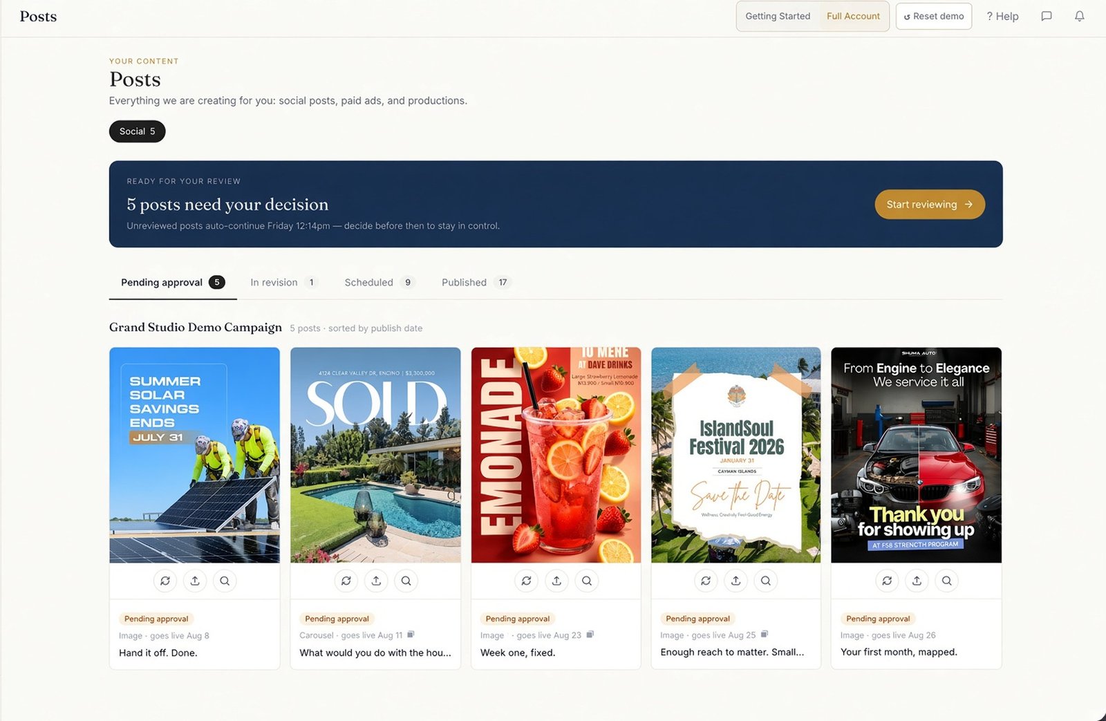 The Grand Studio client portal, showing scheduled posts awaiting approval