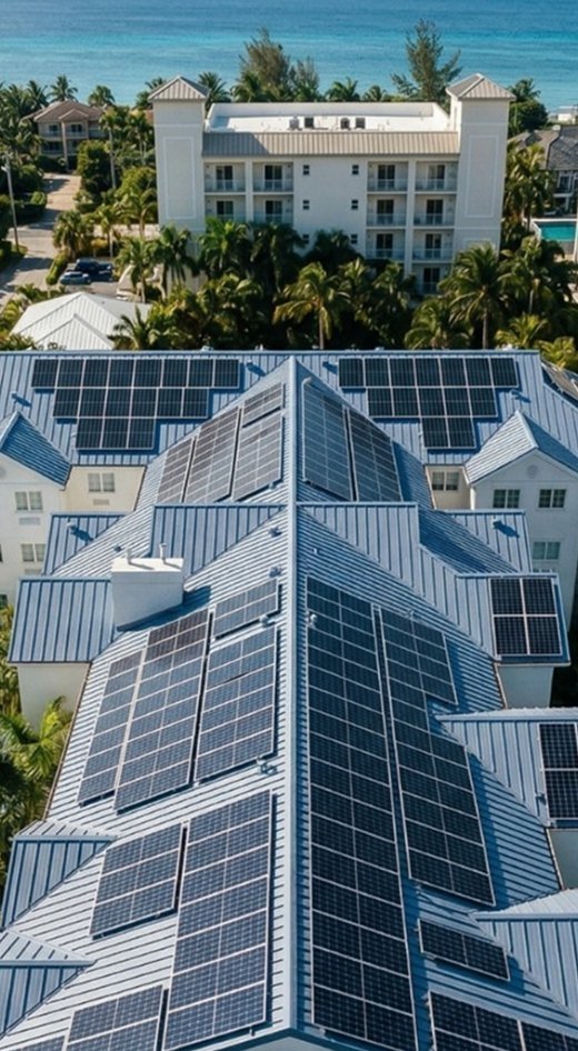 Rows of solar panels on a Cayman commercial roof